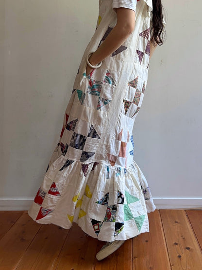 old quilt top frill dress / white