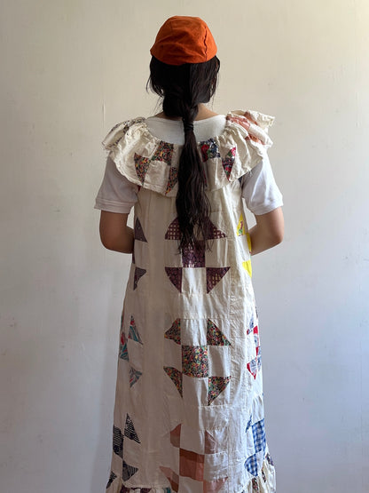 old quilt top frill dress / white