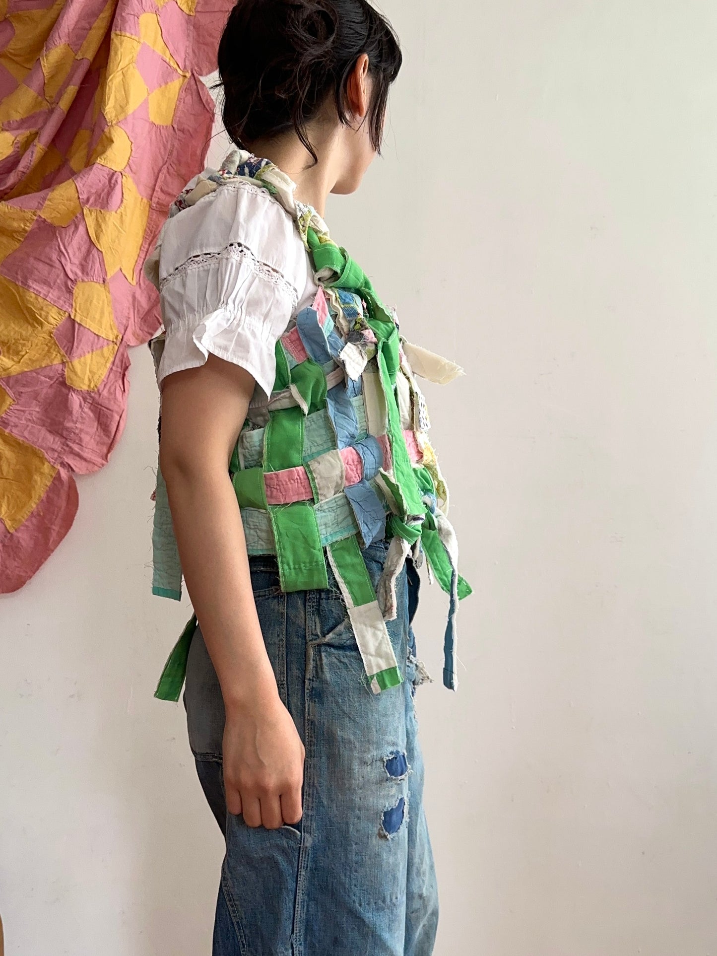 old quilt hand woven bustier / yellow green