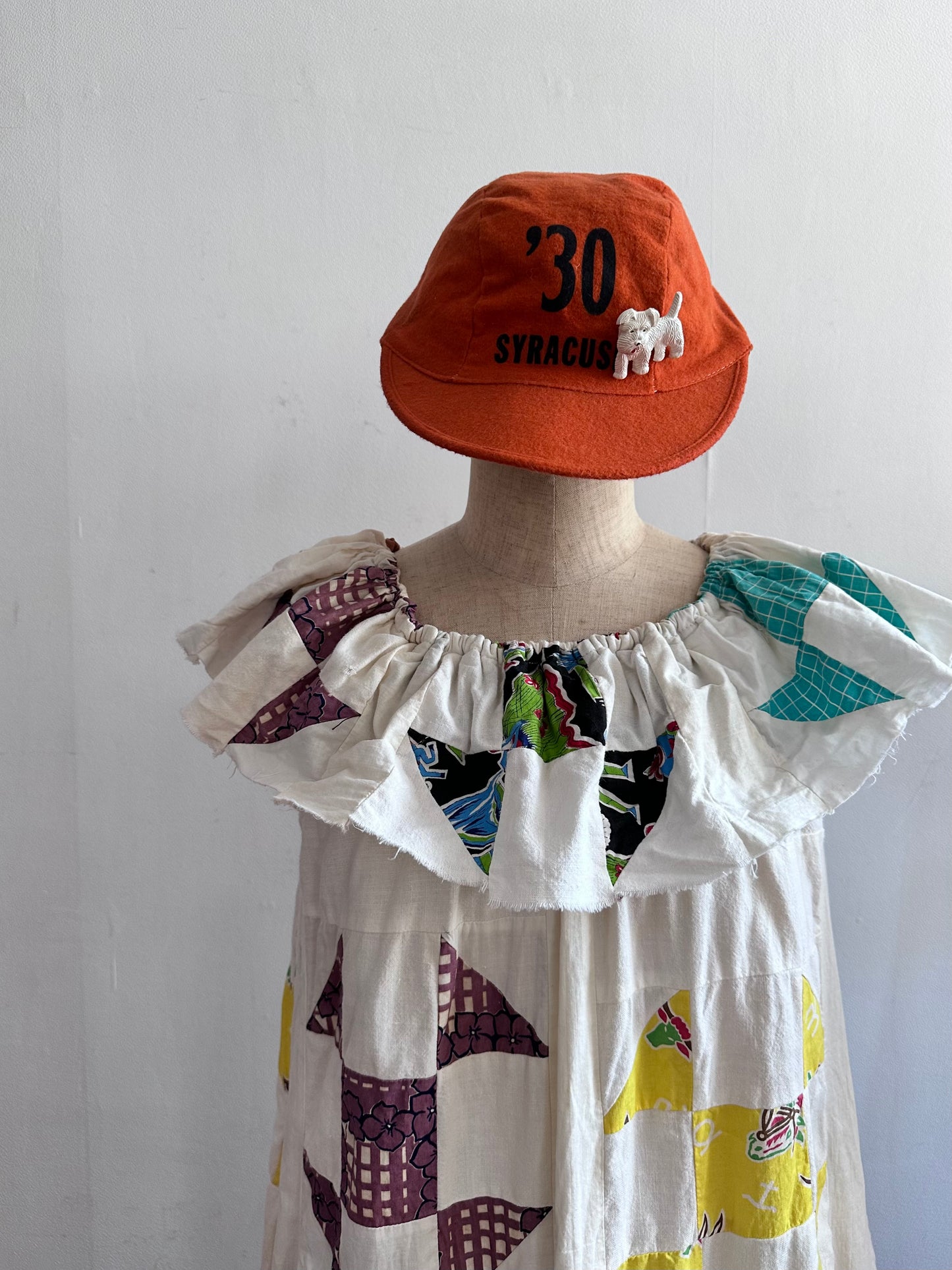 old quilt top frill dress / white