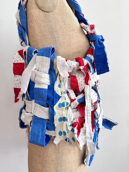 old quilt hand woven bustier /blue