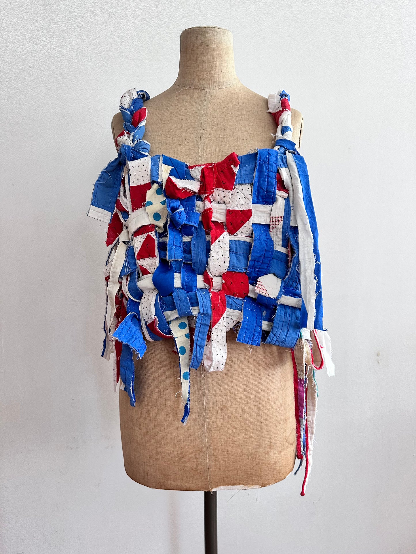 old quilt hand woven bustier /blue