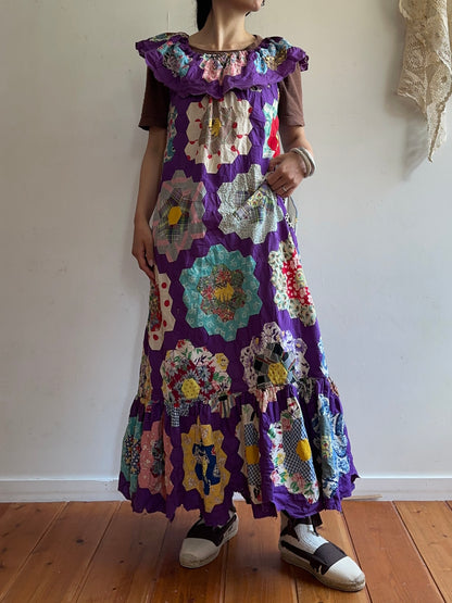 old quilt top frill dress /purple