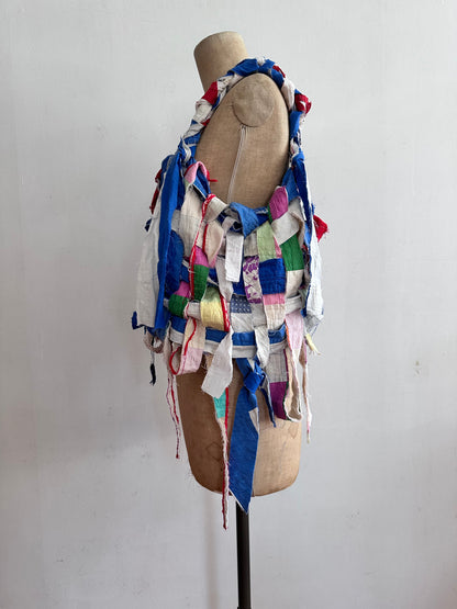 old quilt hand woven bustier /blue