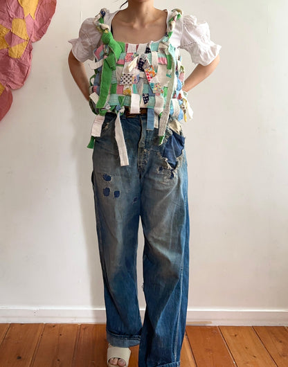 old quilt hand woven bustier / yellow green