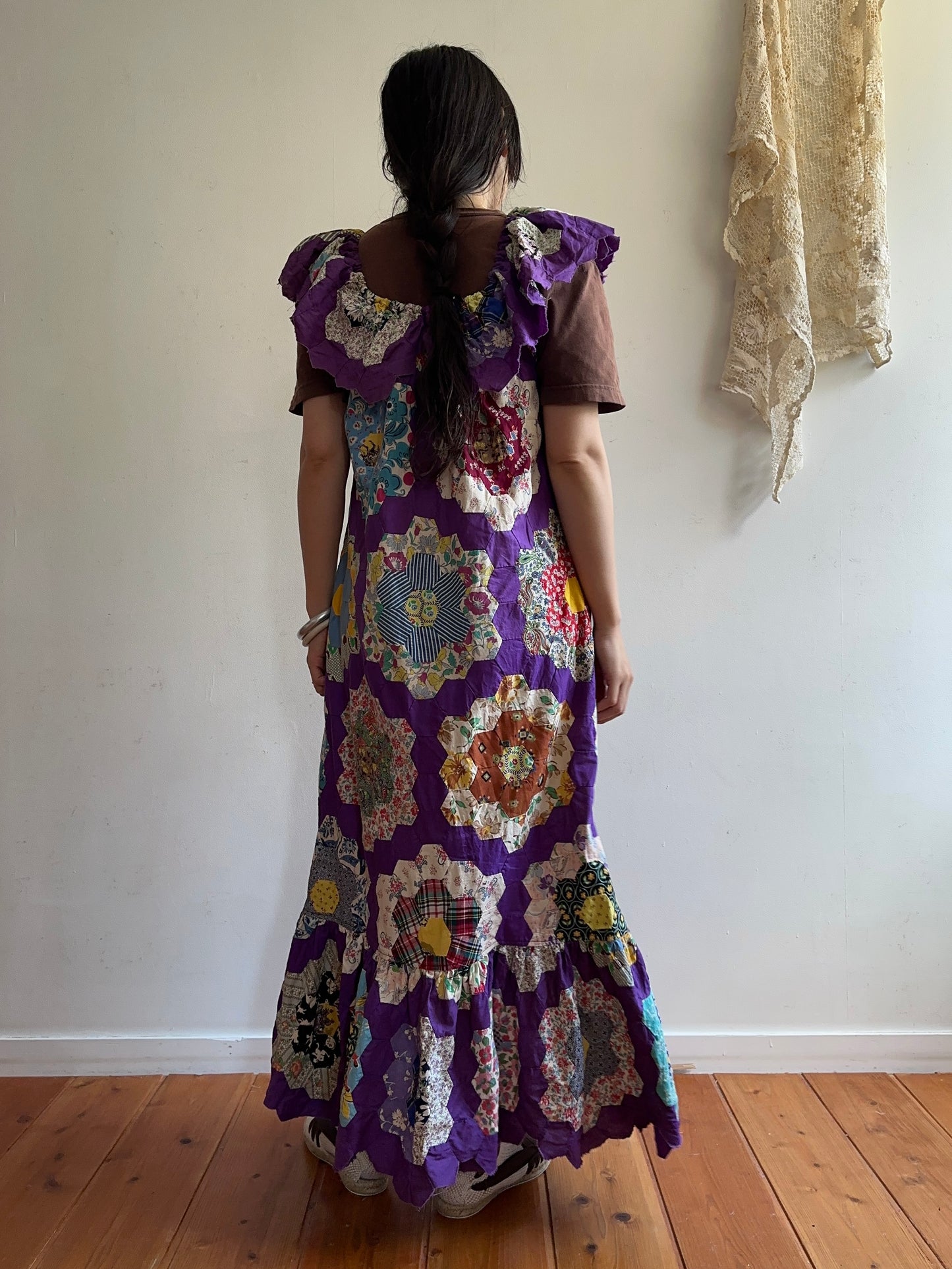 old quilt top frill dress /purple