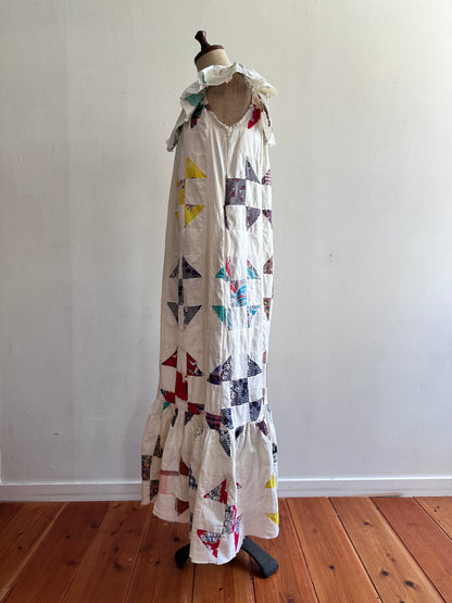 old quilt top frill dress / white