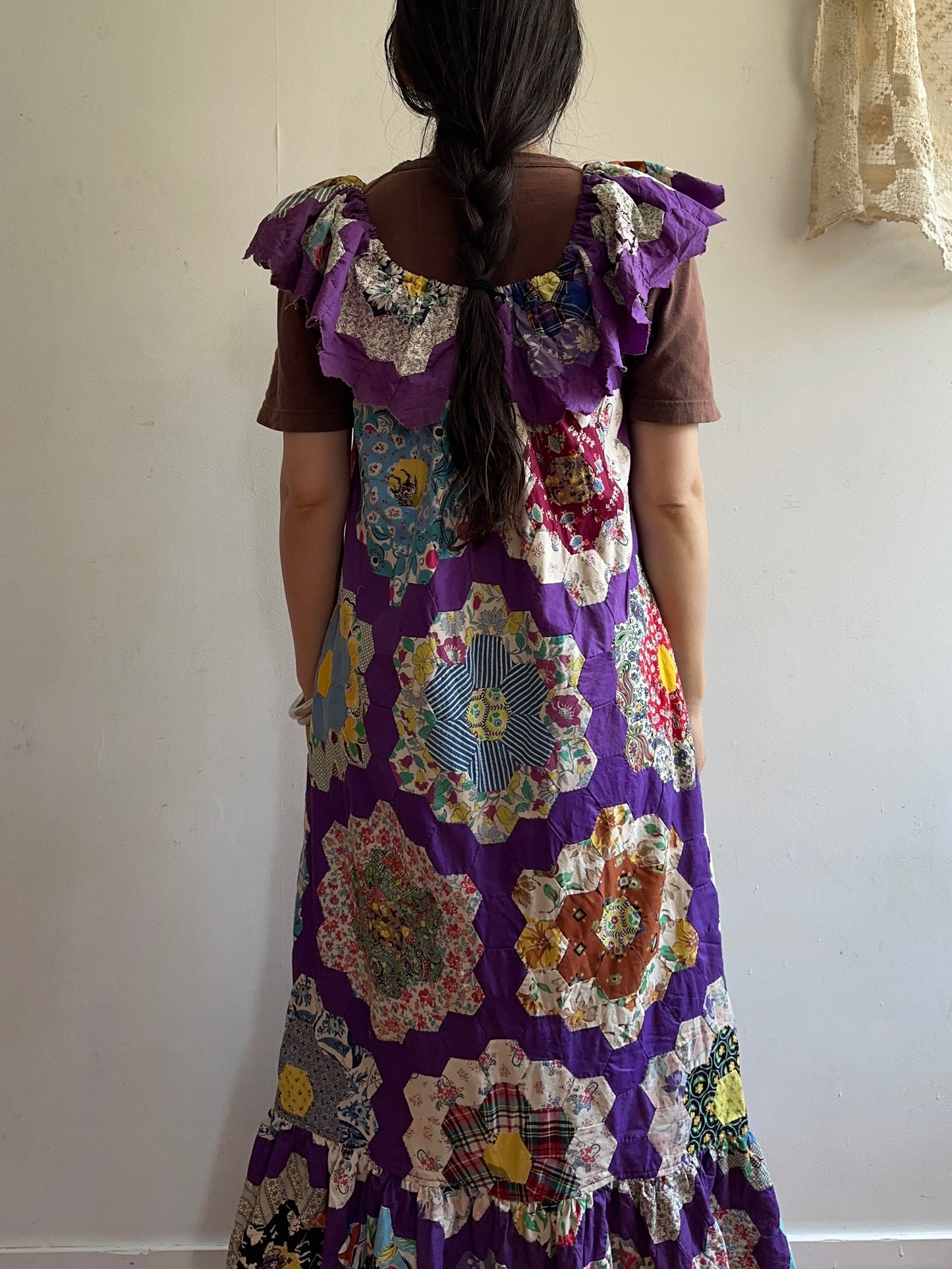 old quilt top frill dress /purple