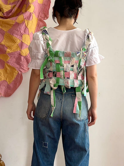 old quilt hand woven bustier / yellow green