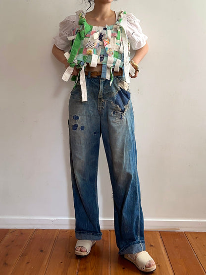 old quilt hand woven bustier / yellow green