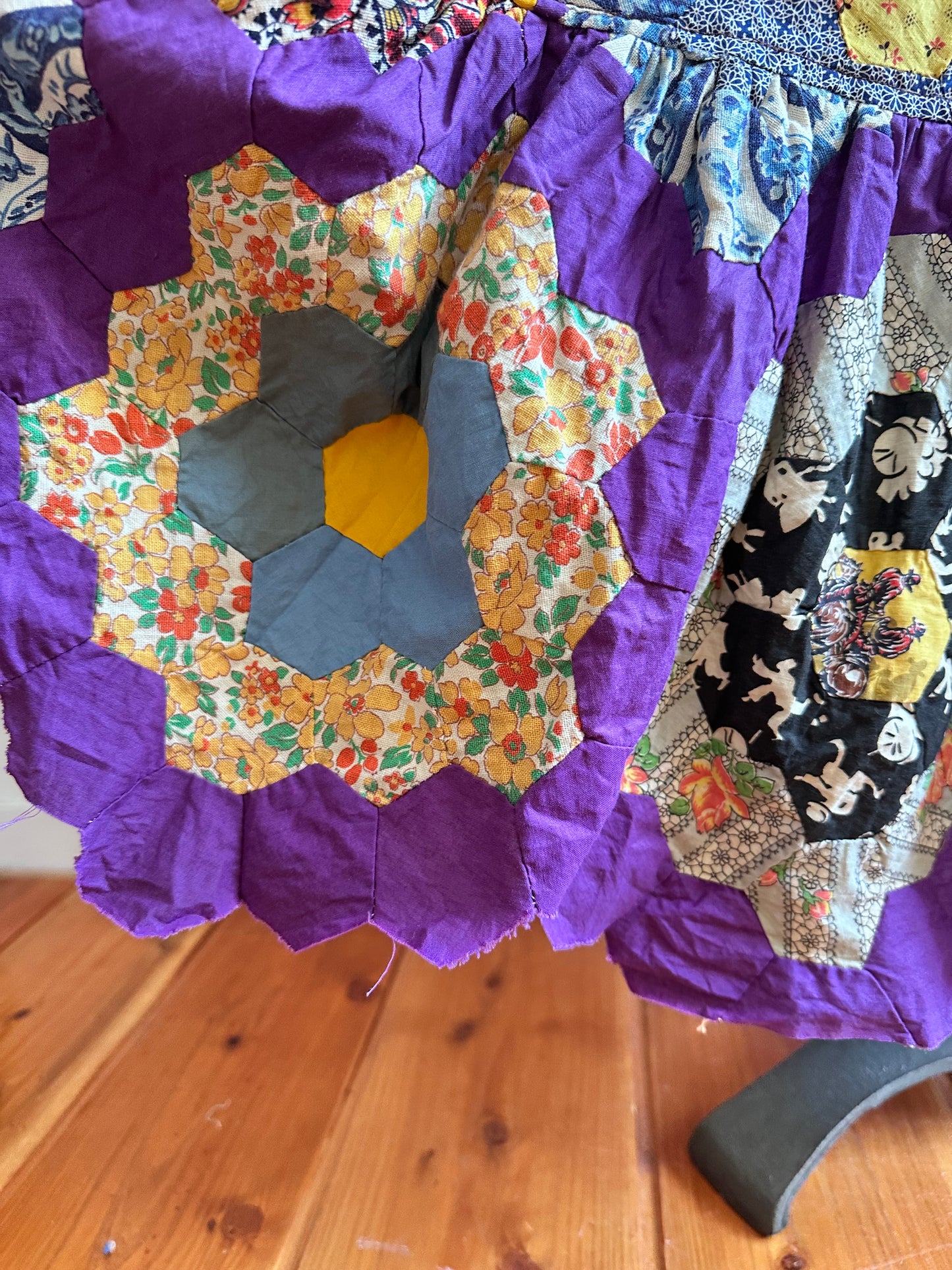 old quilt top frill dress /purple